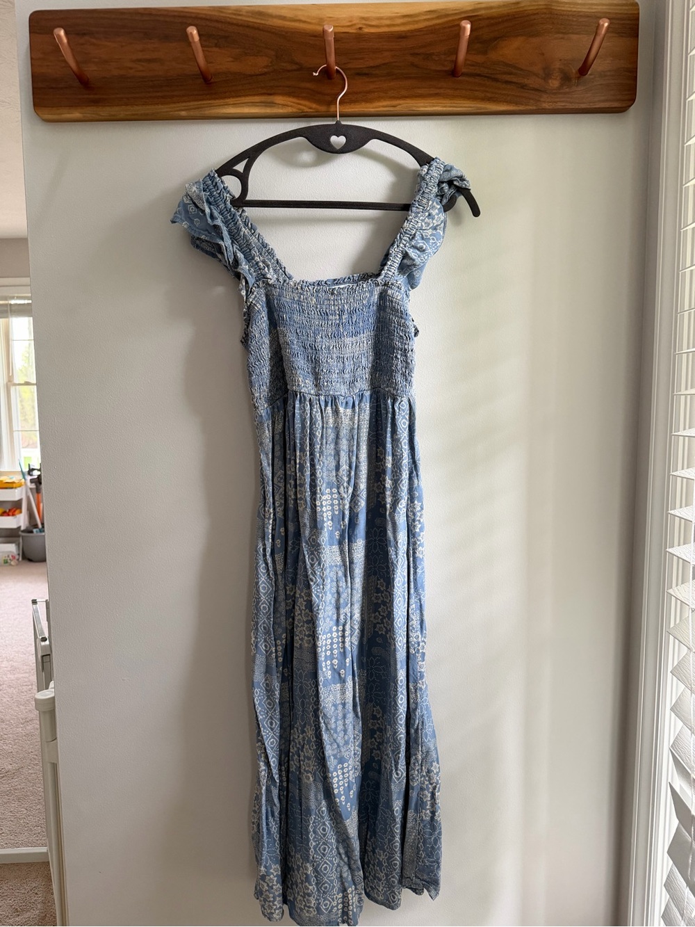 Sonoma Light Blue and Cream Smocked Maternity Midi Dress